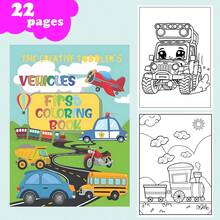 Libro para colorear de 22 páginas con temática de autos para niños, apto para edades de 2 a 4 años, también disponible en versiones mini de 4 a 8 páginas y de 8 a 12 páginas, excelente como relleno de bolsas de fiesta de cumpleaños o para actividades en el aula