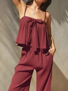 2pcs Set Solid Color Butterfly Strap Camisole Top & Pants