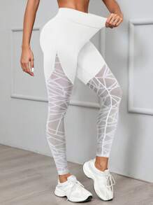 Women High Waisted Geometric Mesh Patchwork Yoga Pants, Women's Elastic Tight Exercise Leggings, Breathable Geometric Mesh Patchwork Fitness Base Layer Pants