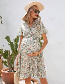 Women's Maternity Pleated Short Sleeve Wrap V Neck Summer Midi Dress Casual Nursing Dress Baby Shower Photoshoot Belt - 綠色大印花 - 查看 2