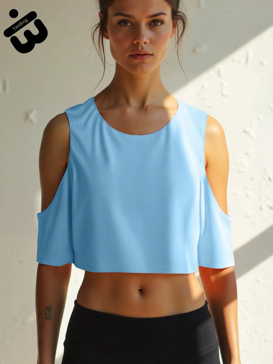 女士浅蓝色露肩短款T恤 | 超短款设计 | 性感时尚女式上衣 | 夏季街头风格必备单品