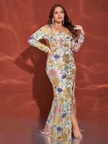 Apricot Long Sleeve Square Neck Sequin Split Hem Plus Size Party Evening Dress - Apricot - View 5