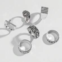 6pcs Retro Zinc Alloy 3D Cross, Star, Skull Designs Men Rings Set, Suitable For Daily Wear All Year Round - Antique Silver - View 2