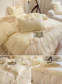 2/3 Peças Conjunto Capa de Edredom com Babado de Laço de Chiffon (1 Capa de Edredom, 1/2 Fronhas), Conjunto de Roupa de Cama com Laço 3D de Poliéster Francês, Premium Macio & Confortável, Uso Anual, Lavável em Máquina, Com Laços nos Cantos, Adequado para Quarto, Casa e Hotel