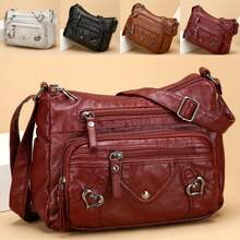[Bolso bandolera ligero con cremallera] Elegante bolso bandolera de mujer con múltiples bolsillos, bolso de hombro de piel sintética, de unicolor ligero con correa ajustable, cierre con cremallera, forro de poliéster, bordes pintados, para uso diario y ocasiones - disponible en negro, gris, rojo, marrón claro