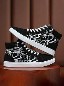 Los hombres de la moda personalizada vamp patrón de punta redonda de encaje hasta zapatos de lona de alta parte superior, tenis para hombre, pisos transpirables casuales y confortables, botas altas de los hombres, adecuados para el otoño y el invierno de excursión, viajes, desplazamientos diarios, danza de la calle, citas, caminar, ir de compras y el uso diario. - Blanco y Negro - Ver 2