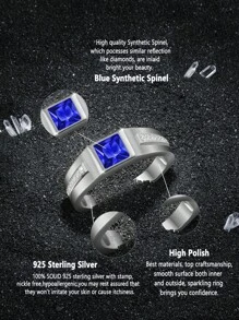 AIHUASI 1pc Luxury Certified 925 Sterling Silver Hypoallergenic Wedding Rings For Men Solitaire 6*6mm 1.25 Carat Princess Cut Dazzling Blue Synthetic Spinel Vintage Party Eternity Engagement Ring Fine Jewelry Gift