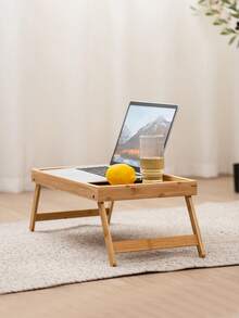 1 pieza Mesa plegable de bambú para picnic, bandeja portátil para desayuno/postre, adecuada para picnics, sofá, cama, exteriores, jardín, camping, versátil para comida/escritorio de ordenador, regalo para el Día del Padre y Día de la Madre (material natural con textura irregular, tapas de accesorios no fijos)