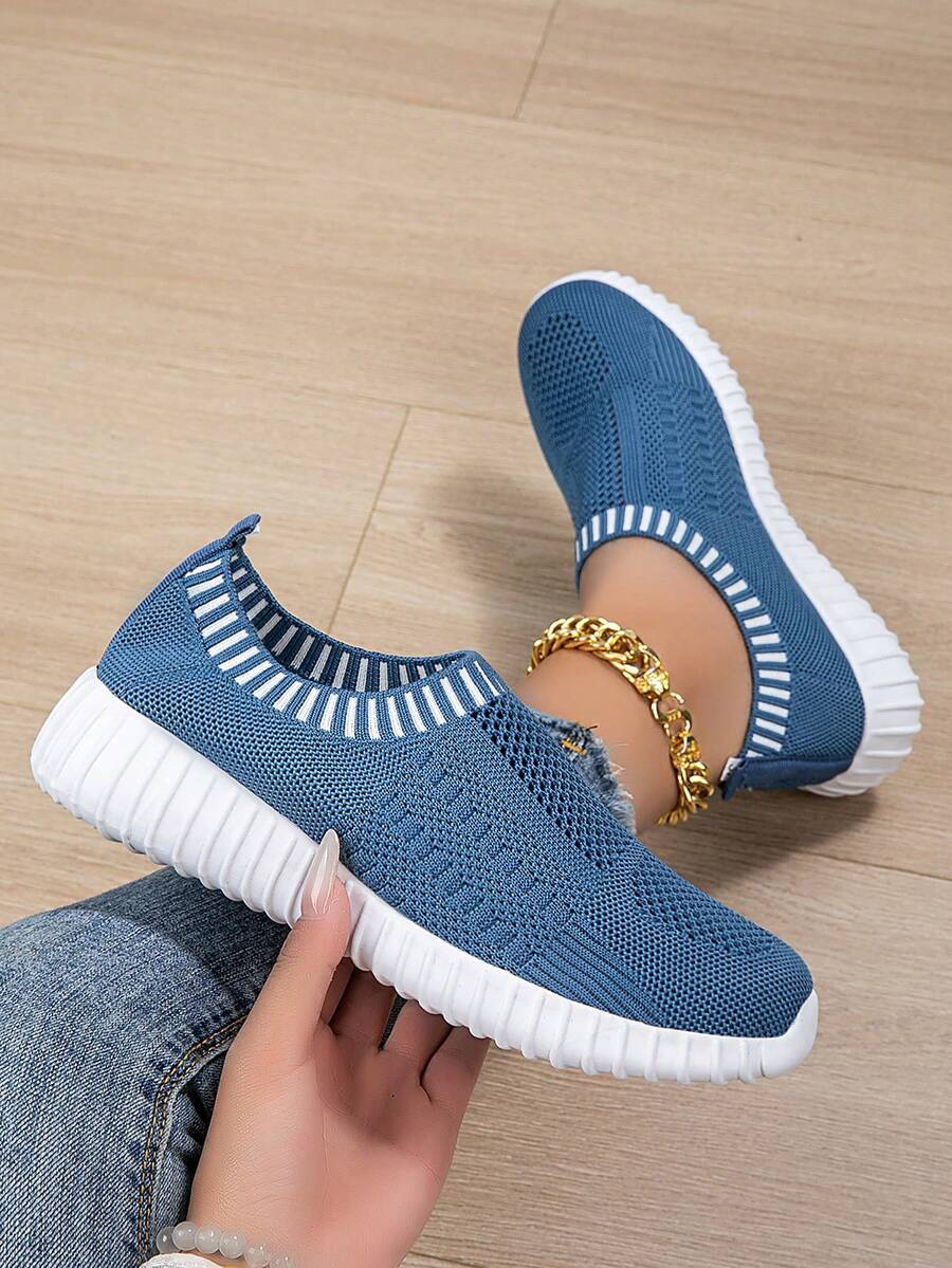 Women's Breathable Knit Sneakers, Casual Lace-Up Outdoor Shoes, Lightweight Solid Color Shoes, Personalized Comfortable Minimalist EVA Sports Shoes