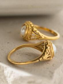 1pc Vintage Simple Style Stainless Steel Pearl Ring, Elegant Accessory For Women, Suitable For Party Wear