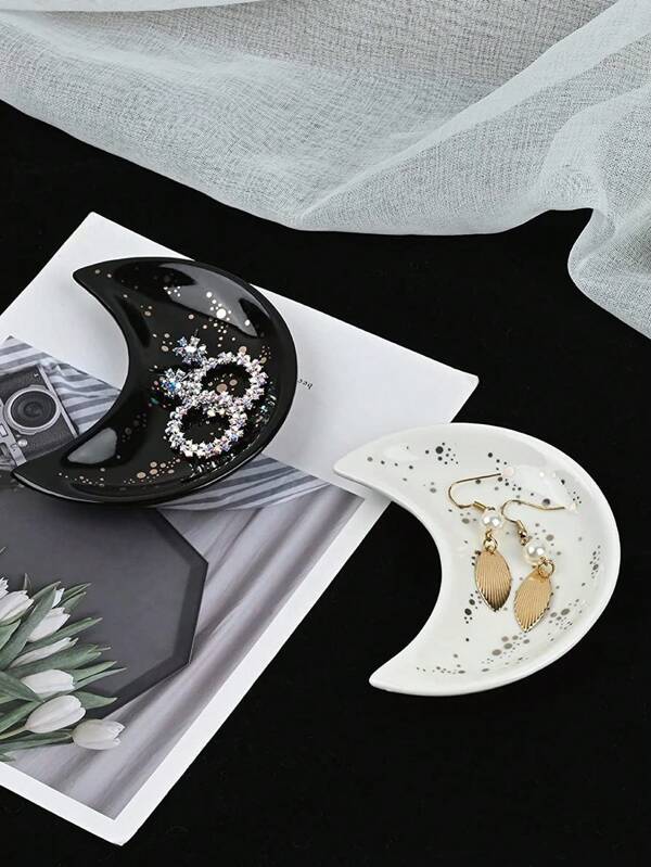 Elegant Ceramic Crescent Moon Shaped Jewelry Tray, Perfect For Storing Rings, Earrings And Necklaces, Home Decor, Wedding/Birthday Party Gifts, Jewelry Display Tray For Women Storage Organizer Travel Essentials Gift Back To School
