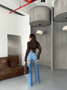 SQUALO Jeans de talle alto con efecto lavado azul y rasgados, sexy para salir de fiesta