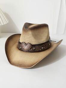 1pc Women's Heart-Shaped Belt Decor Western Cowboy Hat, Straw Hat, Spring Autumn New Versatile Sun Visor Outdoor Sun Protection Hat, Beach Hat, Suitable For Daily Wear, Beach Trip, Travel, Photo Shoot, Fashionable - Straw Hat - View 14