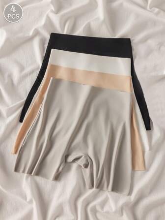 4pcs Women's Safety Shorts, High Waist, Seamless, Slimming, Skin-Friendly, Comfortable, Elegant, Simple Solid Color Briefs To Prevent Exposure