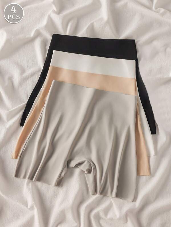 4 pares de pantalones cortos para mujer, diseño de cintura alta, sin costuras y sin enrollamiento, unicolor, suave y sedoso, cómodo, estilo minimalista elegante, ropa interior opaca anti-destellos que estiliza