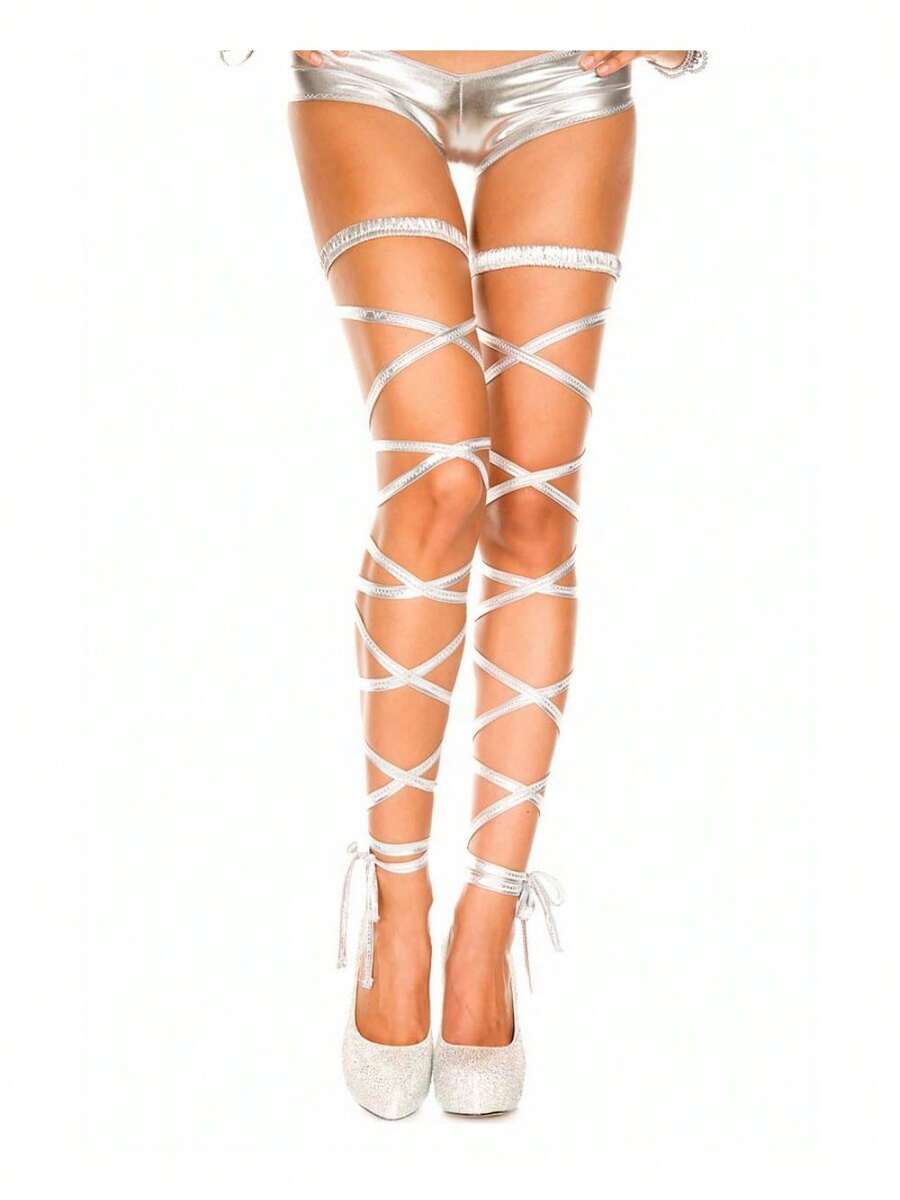 Women's Silver Strappy Thigh Highs With Adjustable Lacing And Ruffled Tops - 銀色 - 查看 1