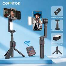 COMITOK Handheld Gimbal Stabilizer, Extendable Selfie Stick Tripod With Fill Light And Wireless Remote, Compatible With Apple & Android Phones, For Vlogging, Video & Photo Shooting, Black