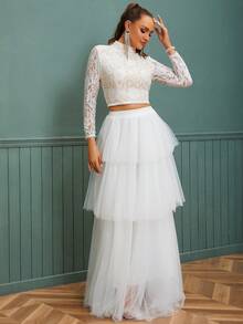 2pcs Set High Neck Long Sleeve Lace & Multi-Layered Tulle Design Maxi Wedding Bridal Dress