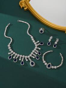 4-Piece European & American Style Bridal Jewelry Set: Blue Zirconia Necklace, Earrings, Ring, And Bracelet, Suitable For Dubai Wedding Dress, Middle Eastern Arabic Formal Gown, Valentine's Day Gift