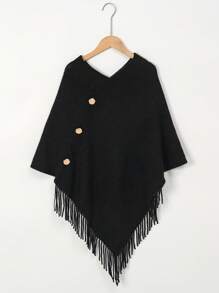1pc Women's Solid Color Button Tassel Knit Poncho Shawl Cardigan, Warm & Stylish, Casual For Holiday And Daily Wear