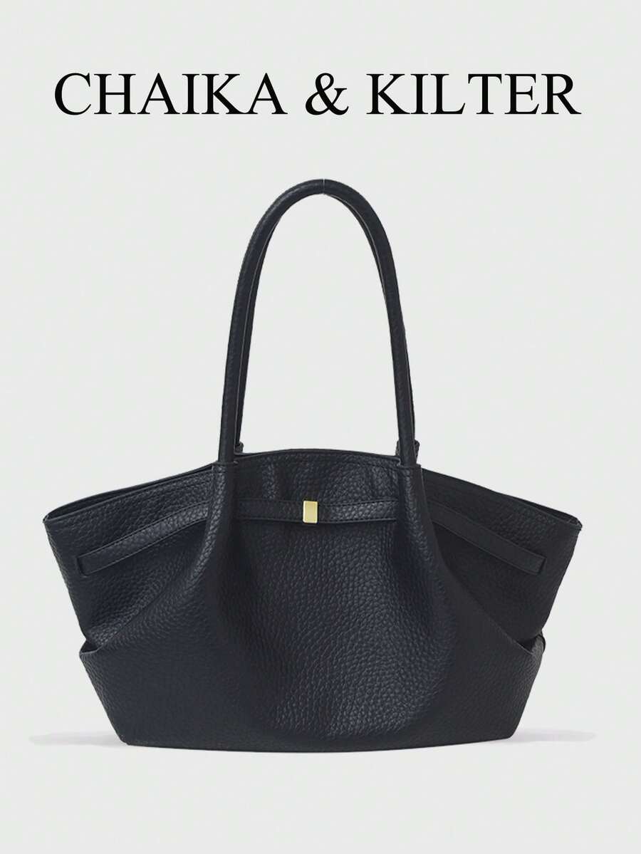 1pc CHAIKA & KILTER Solid Color PU Shoulder Bag, Women Retro Casual Large Capacity Shoulder Tote Bag With Strap Decor, Pleated Design, Adjustable Waist Belt, Double Handles, Magnetic Snap Closure, Suitable For Travel, Shopping, Dating, Women Gift, Fit For Teenager, College Student, Beginner And White-Collar, Ideal For Office, Academy, Work, Business, Commuting, Outdoor, Travel, Outing
