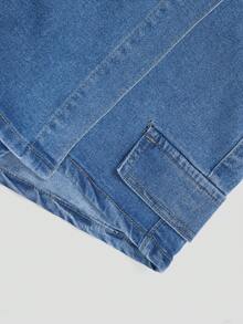 All Season Solid Color Casual Elastic Waist Zip-Up Multi-Pocket Asymmetrical Hem Skort - Medium Wash - View 4