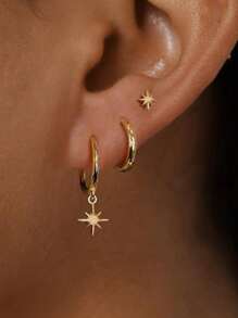 Juego de 3 piezas de pendientes colgantes de estrella redonda de acero inoxidable enchapados en oro de 18K para mujeres, joyas unisex de estilo punk rock
