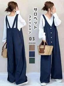 Overalls For Women, All-In-One, Overalls, Long Pants, Wide Pants, Long Pants, Summer Clothes, V-Neck, Single Button, Casual, Loose, Mature, Cute, Figure-Covering, Stylish, Spring/Summer