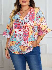 Plus Size Women Ditsy Floral V-Neck Short Sleeve Casual Ruffle Hem Blouse Top