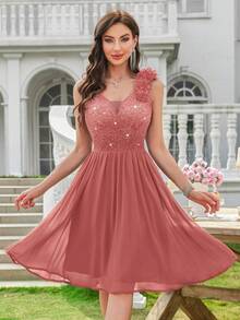 MIUSOL Deep V-Neck Sequin Floral Lace Sleeveless Ruffle Hem Chiffon Cocktail Party Swing Dress - Dusty Pink - View 6