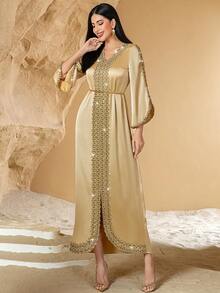 New Style Champagne Color Contrast Lace Handmade Beaded Arabic Evening Dress