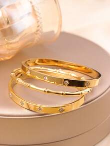 3pcs/1pc Set Fashion 18K Gold Plated Stainless Steel Clover Stud Bracelet, Suitable For Women's Party, Daily Wear, European And American Style, Personalized, Elegant, Luxurious Cubic Zirconia Bracelet, Wedding Jewelry Set, Gift For Girls, Women, Relatives, Friends, Exquisite Wedding, Birthday, Valentine's Day Gift - Yellow Gold - View 6