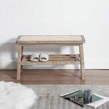 Rustic Rattan Wood Entryway Bench With Woven Wicker Seat & Shoe Storage Rack, Farmhouse Accent Bench For Entry Way/Front Door Entrance/Living Room/Bedroom/Hallway, 29.5 Inch/Natural Finish - Vintage Natural - View 3