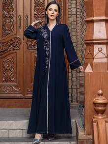 V-Neck Vintage Arabic Dress For Women, Navy Blue