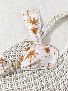 Women's New Fashionable 2pcs Set: Starfish & Coconut Tree Print Wide Strap High-Cut Briefs - Orange - View 6