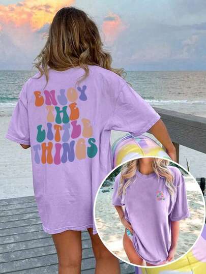 女士彩色字母印花圆领短袖休闲T恤，适合春夏季，时尚百搭，日常穿着。图案T恤女款白色上衣粉色上衣度假装女款