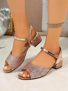 Elegant Chunky Heel Women's Sandals - Open Toe, Sequin Design, Fashion Summer Sandals, Women's High Heels, Chunky Heel Open Toe Sandals
