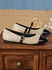 Women's Fashion Square Toe Low Vamp Apricot & Black Patchwork Shoes, Office Casual Versatile Flats, Spring/Summer Outdoor Wear, High-End Elegant Mary Jane Ballet Flats, Suitable For Dresses, Dates, Parties, Banquets - Dark Apricot - View 3