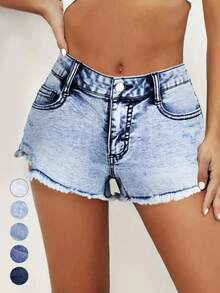 KWomen's Ripped Slash Pockets Vintage Denim Shorts, Womenswear Casual  Raw Hem Jean Shorts For Daily Wear, Ladies Fall Jorts Bottoms, Stretchy Jeans, Jeans For Women, Pants For Women, Jeans, Y2K Clothing - 淡藍色 - 查看 2