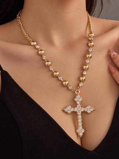 Colar de cruz luxuoso e moderno, joia feminina, cravejado com zircônia cúbica brilhante, colar glamoroso de alta qualidade, adequado para festas, presentes e uso diário