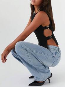 Women Buckle Tank Top Y2k Slim Fit Crop Tops Sexy Sleeveless Round Neck Hollow Out Shirt Rave Outfits - 黑色 - 查看 5