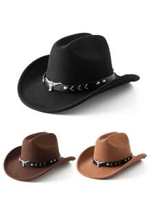 1 Men's Polyester Western Cowboy Hat, Unisex Vintage Style Hat, Bull Shape Decoration, Suitable For Daily Casual Wear, Western Cowboy Party, Bar Cowboy (One Size Fits All)