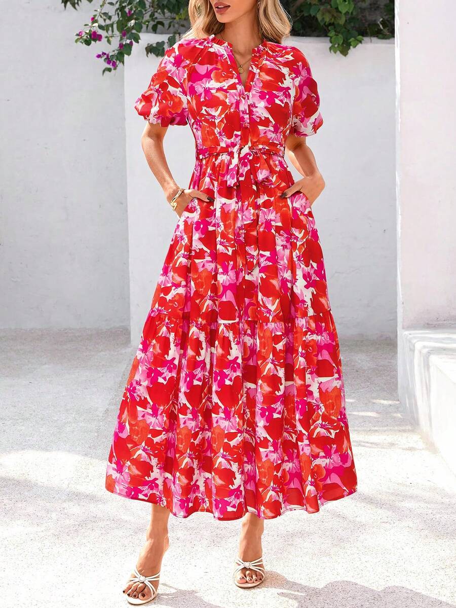 Women Floral Maxi Dresses Summer Puff Short Sleeve V Neck Button Self Belt Flowy Dress Casual Boho Beach Vacation Valentine Long Maxi Dress - 紅色花 - 查看 1
