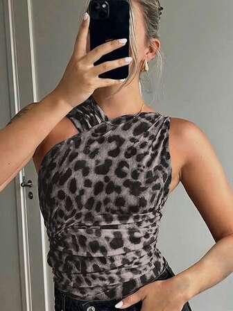 Leopard Print Asymmetric Ruched Bodysuit