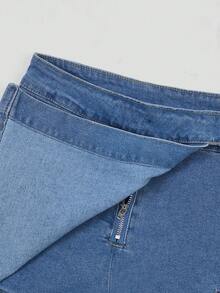 All Season Solid Color Casual Elastic Waist Zip-Up Multi-Pocket Asymmetrical Hem Skort - Medium Wash - View 5