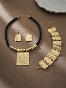 3 pièces/Set Collier rectangulaire géométrique, ensemble de bijoux Bracelet et Boucles d'oreilles, accessoires de mode exagérés de couleur or pour femmes, pour porter lors de soirées et de banquets