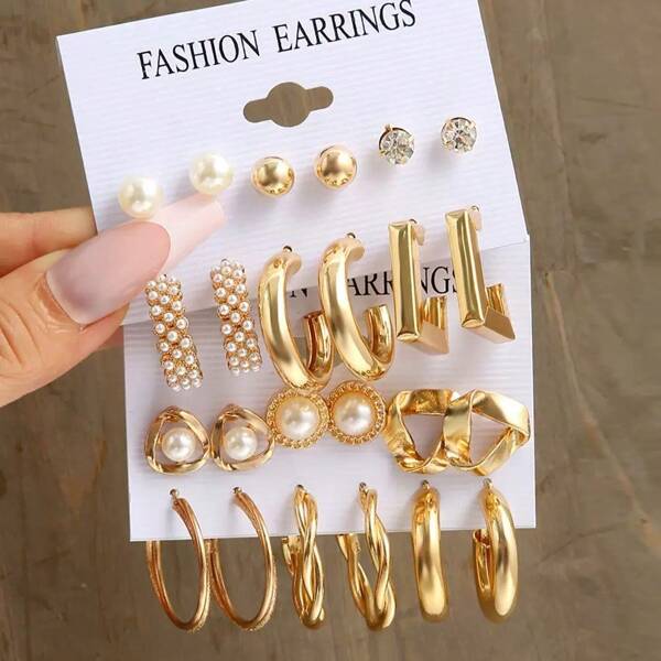 12pcs Geometric Pearl Earrings Set, Minimalist & Practical Multi-Wear