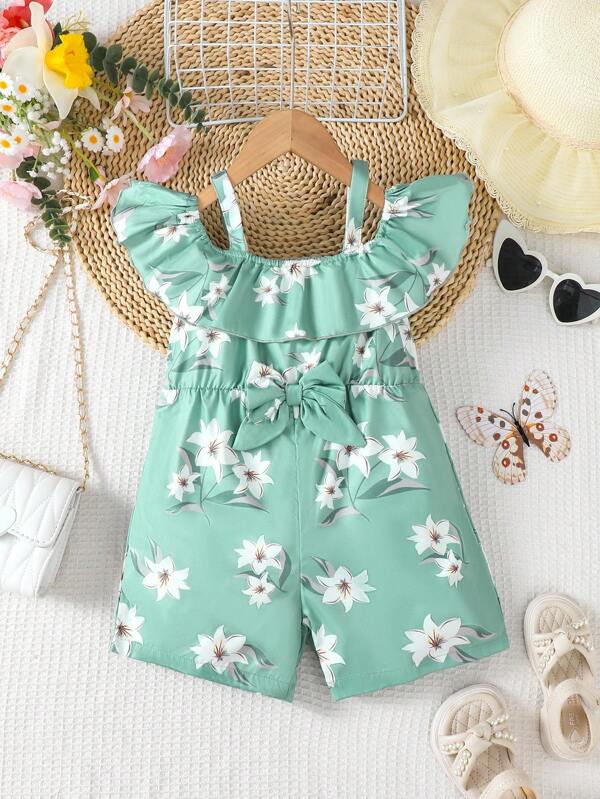 Young Girls' Floral Off-Shoulder Jumpsuit With Ruffles & Bow Summer Casual Romper Outfit Suitable For Summer Daily Wear, Vacation, Outdoor, Party