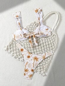 Women's New Fashionable 2pcs Set: Starfish & Coconut Tree Print Wide Strap High-Cut Briefs - Orange - View 3