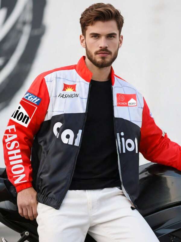 Chaqueta de motorista para hombres con cuello alto con cremallera, chaqueta de primavera/verano con estampado de letras y geométrico tejido